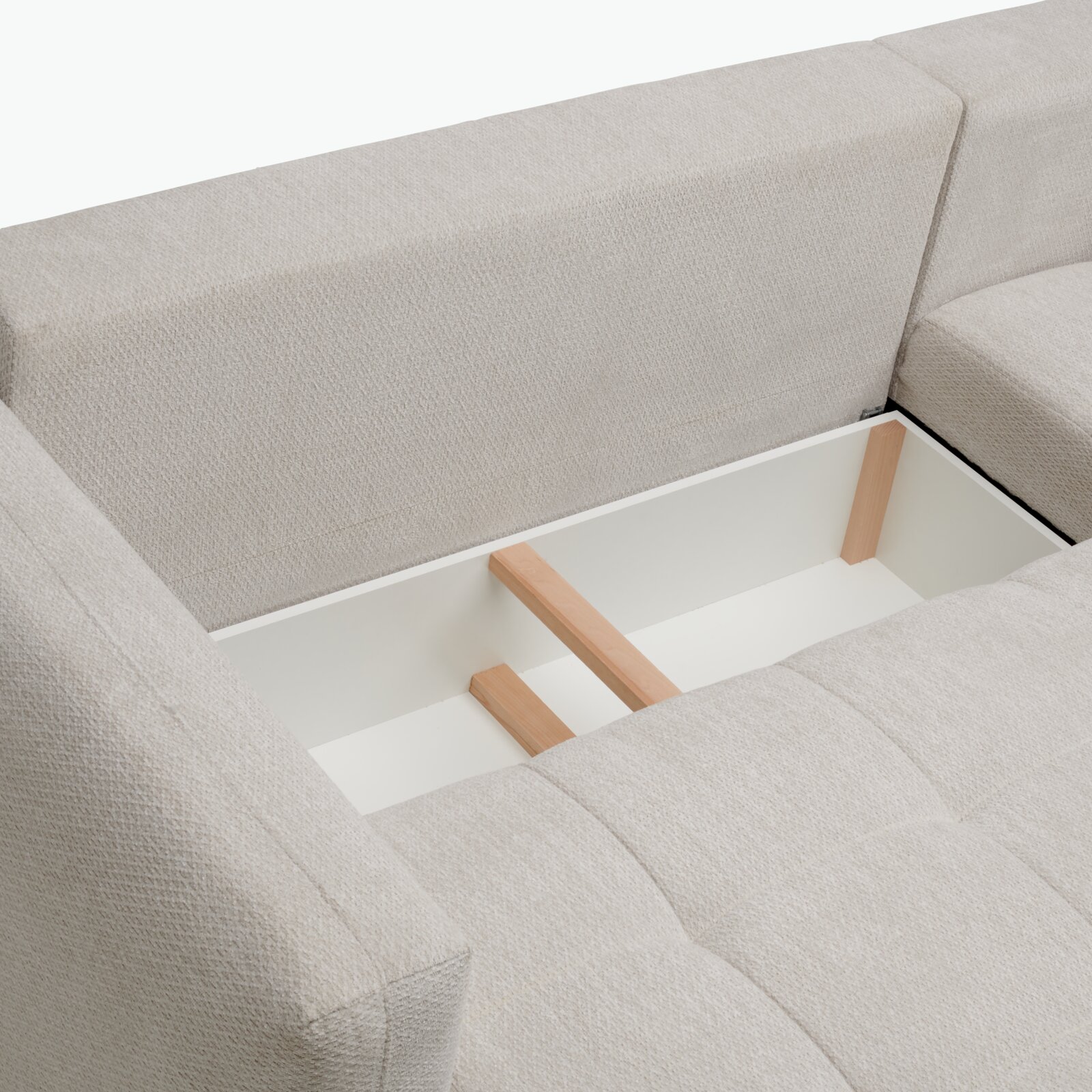 Rundecke mit Stauraum, Ansicht von oben, beige Polsterung