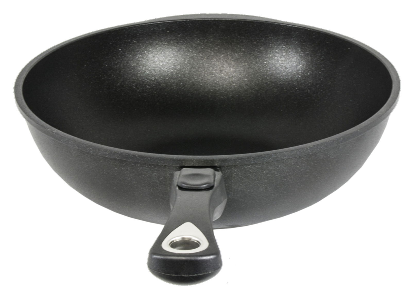 Schwarze Wokpfanne mit einem Durchmesser von 32 cm, Ansicht von oben mit sichtbarem Griff.