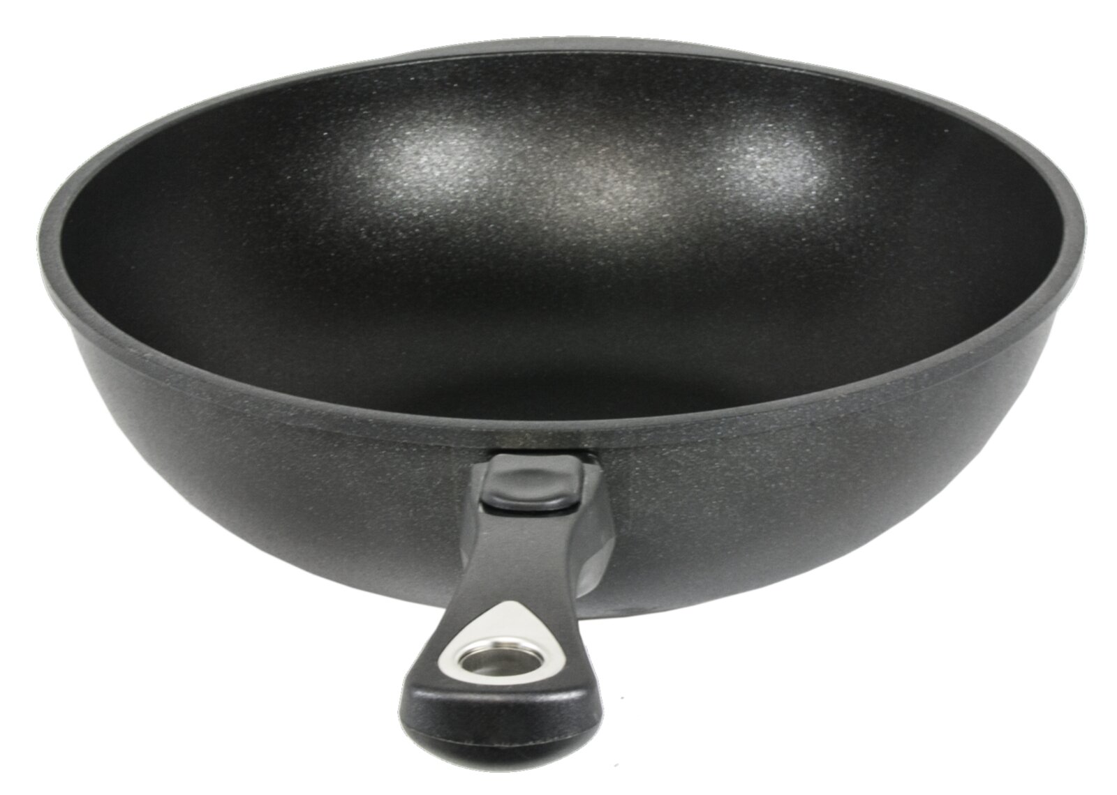 Schwarze Wokpfanne mit einem Durchmesser von 32 cm, Ansicht von oben mit sichtbarem Griff.