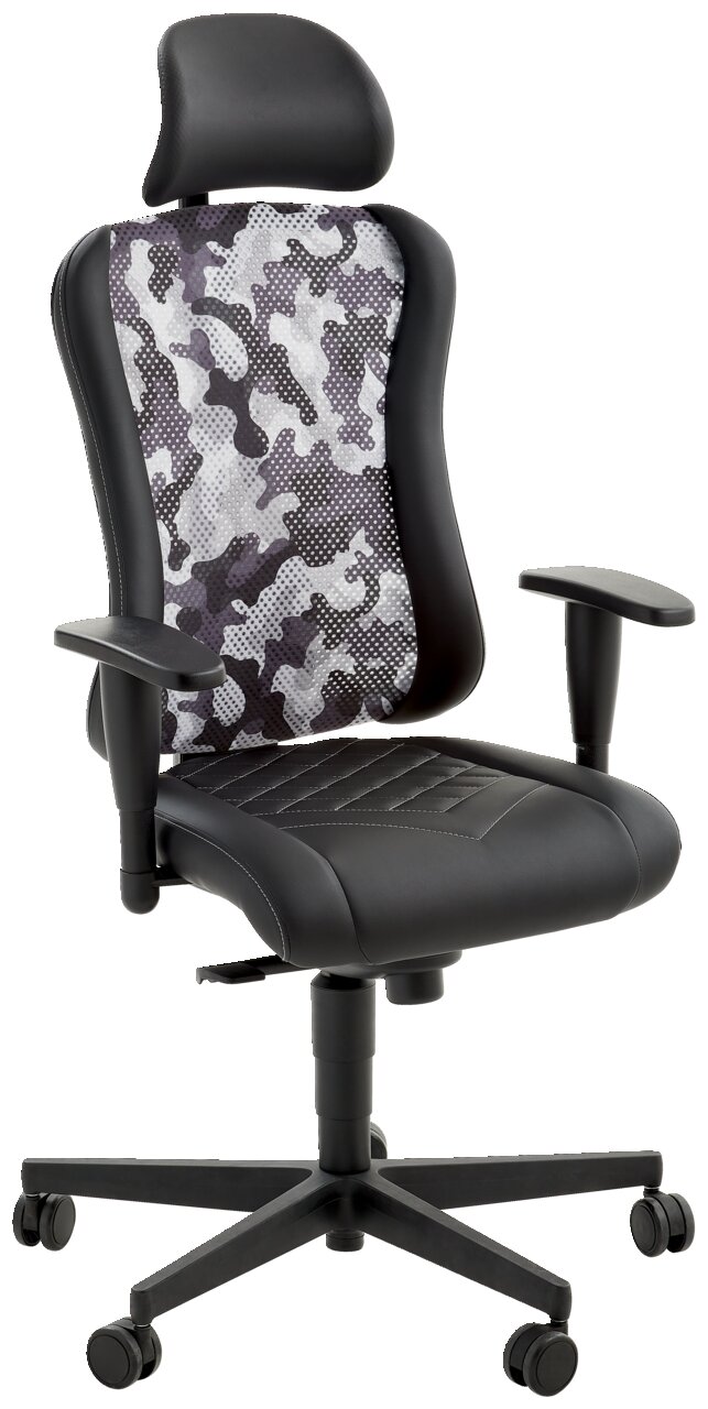 Gamingstoel met camouflagepatroon en ergonomisch ontwerp, zijaanzicht