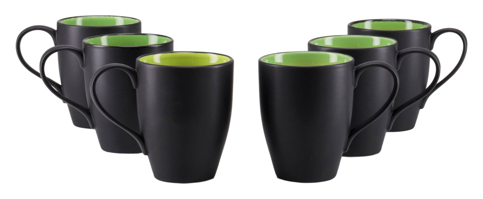 Sechs matte schwarze Tassen mit leuchtend grüner Innenseite, symmetrisch angeordnet und aus leicht erhöhter Frontperspektive auf weißem Hintergrund gezeigt