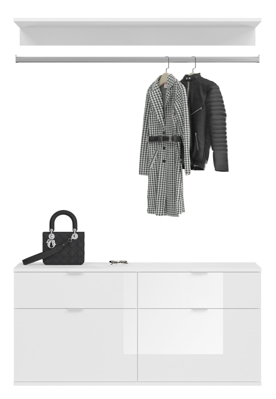 Frontale Ansicht einer modernen Garderobenkombination mit weißem Schrank, Kleiderstange und Ablage, dekoriert mit einem Mantel, einer Jacke, einer Handtasche und einer Brille.