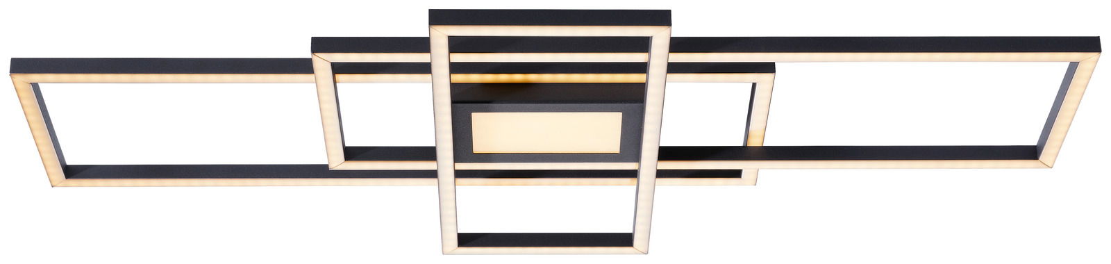 Moderne LED-Deckenleuchte mit geometrischem Design, von unten betrachtet.