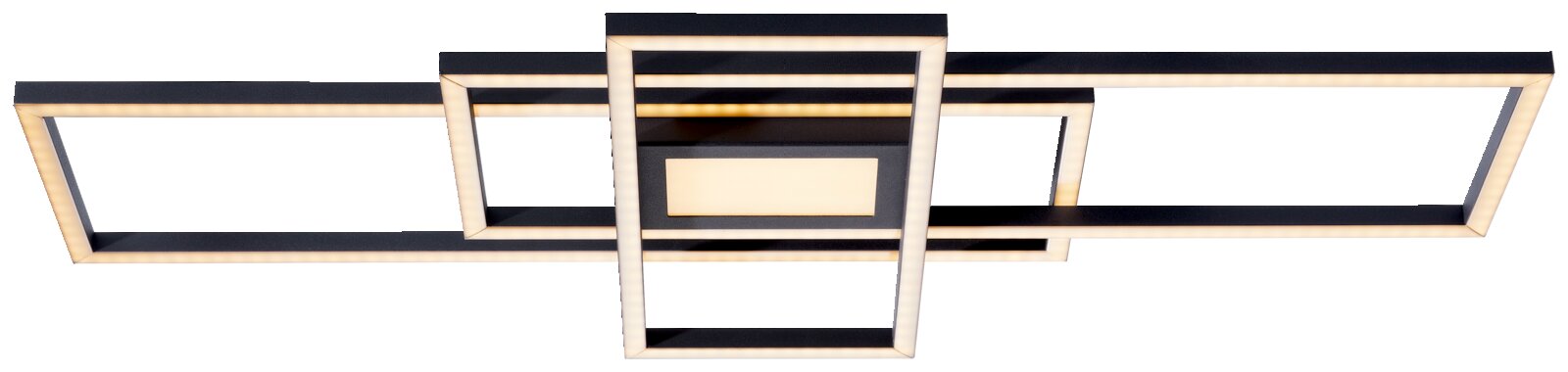 Moderne LED-Deckenleuchte mit geometrischem Design, von unten betrachtet.