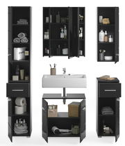 Moderne Badkombination in schwarzem Design, bestehend aus mehreren Schränken und einem Waschbecken, frontal abgebildet.
