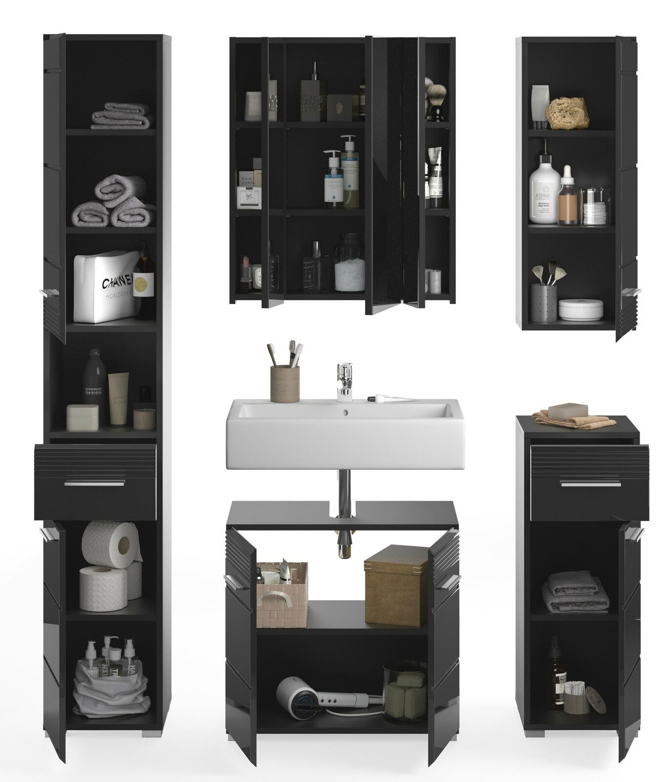 Moderne Badkombination in schwarzem Design, bestehend aus mehreren Schränken und einem Waschbecken, frontal abgebildet.