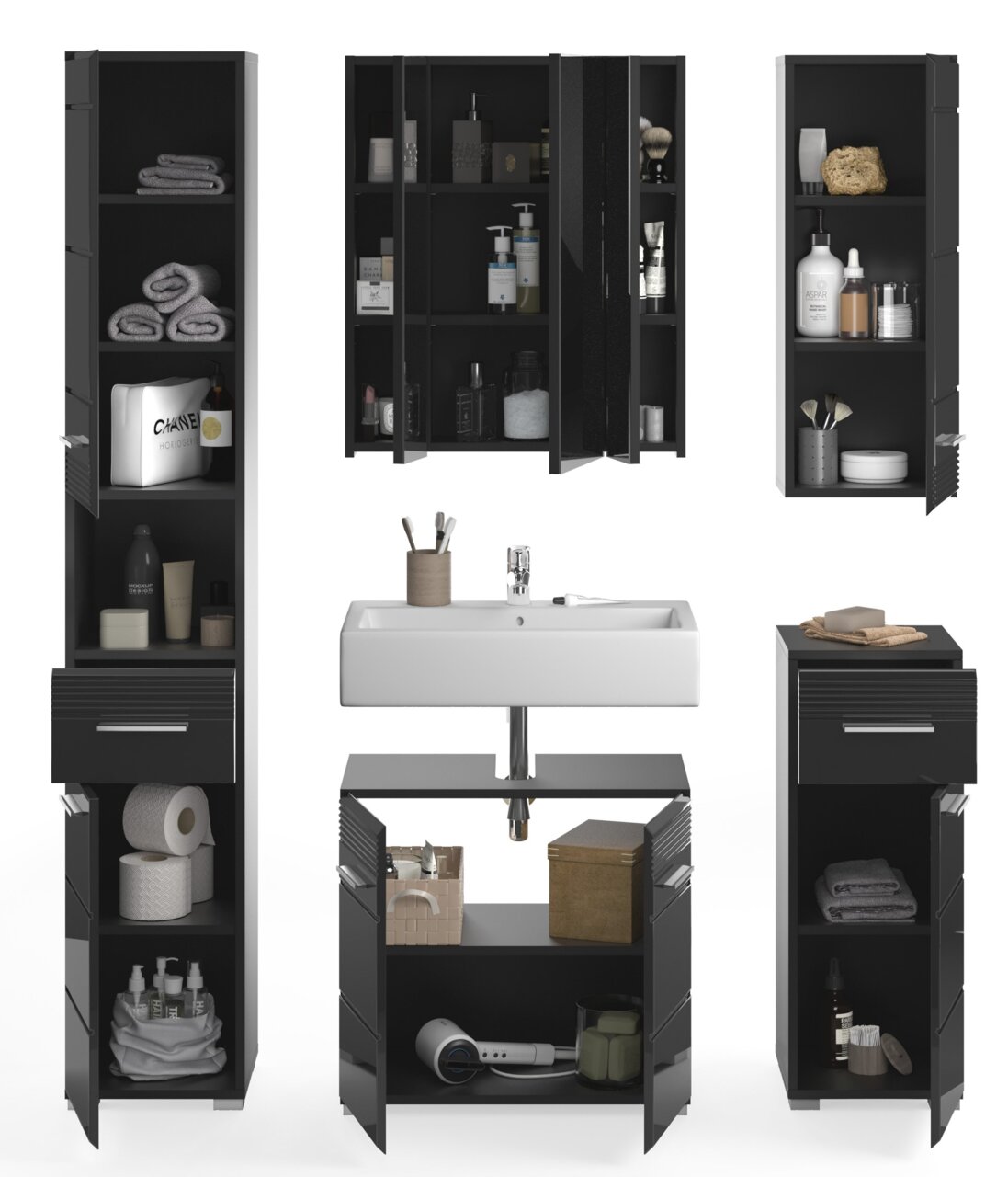 Moderne Badkombination in schwarzem Design, bestehend aus mehreren Schränken und einem Waschbecken, frontal abgebildet.