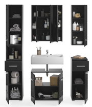Moderne Badkombination in schwarzem Design, bestehend aus mehreren Schränken und einem Waschbecken, frontal abgebildet.