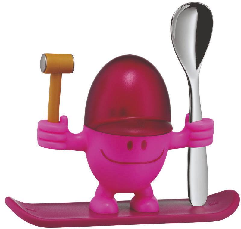 Pinkfarbener Eierbecher McEgg in Form einer fröhlichen Figur mit Löffel und Hammer, frontal abgebildet.
