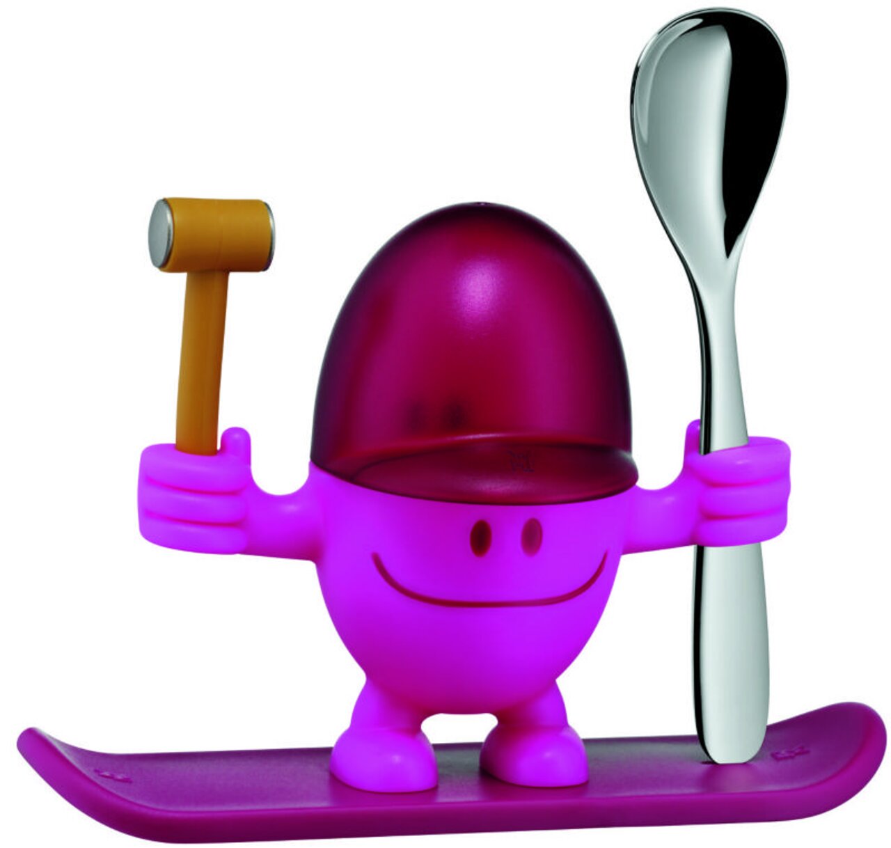 Pinkfarbener Eierbecher McEgg in Form einer fröhlichen Figur mit Löffel und Hammer, frontal abgebildet.