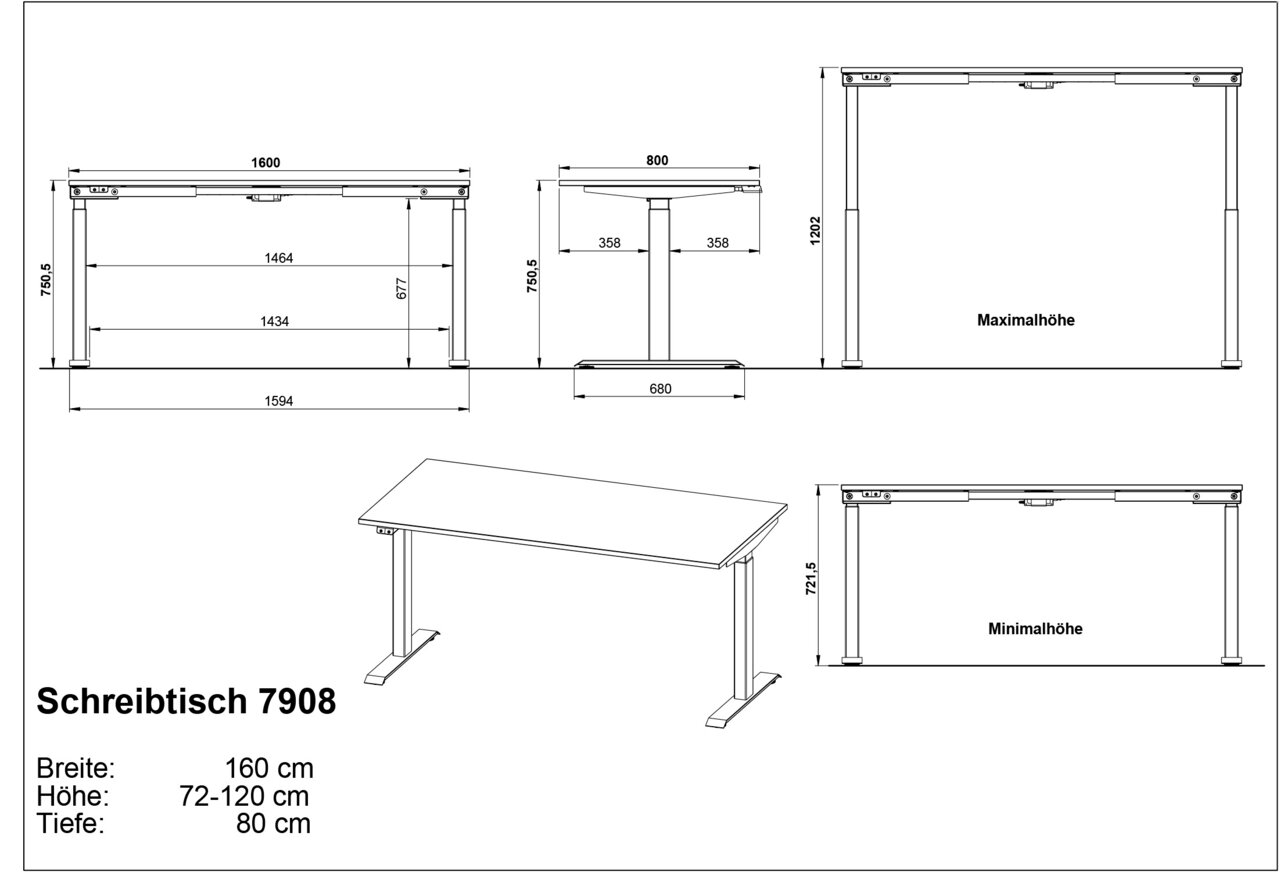 Technische Zeichnung eines höhenverstellbaren Schreibtisches, Modell 7908, mit einer Breite von 160 cm, einer Tiefe von 80 cm und einer variablen Höhe von 72 bis 120 cm. Die Zeichnung zeigt den Tisch aus verschiedenen Perspektiven, einschließlich Seitenan