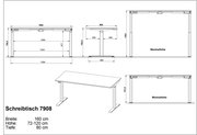 Technische Zeichnung eines höhenverstellbaren Schreibtisches, Modell 7908, mit einer Breite von 160 cm, einer Tiefe von 80 cm und einer variablen Höhe von 72 bis 120 cm. Die Zeichnung zeigt den Tisch aus verschiedenen Perspektiven, einschließlich Seitenan