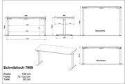 Technische Zeichnung eines höhenverstellbaren Schreibtisches, Modell 7908, mit einer Breite von 160 cm, einer Tiefe von 80 cm und einer variablen Höhe von 72 bis 120 cm. Die Zeichnung zeigt den Tisch aus verschiedenen Perspektiven, einschließlich Seitenan