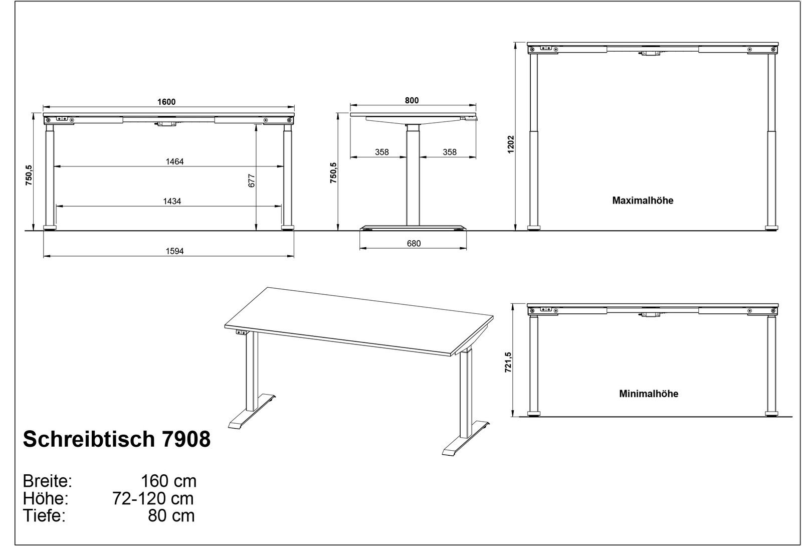 Technische Zeichnung eines höhenverstellbaren Schreibtisches, Modell 7908, mit einer Breite von 160 cm, einer Tiefe von 80 cm und einer variablen Höhe von 72 bis 120 cm. Die Zeichnung zeigt den Tisch aus verschiedenen Perspektiven, einschließlich Seitenan