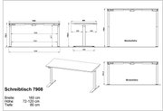 Technische tekening van een in hoogte verstelbaar bureau, model 7908, met een breedte van 160 cm, een diepte van 80 cm en een variabele hoogte van 72 tot 120 cm. De tekening toont het bureau vanuit verschillende perspectieven, waaronder een zijaanzicht en