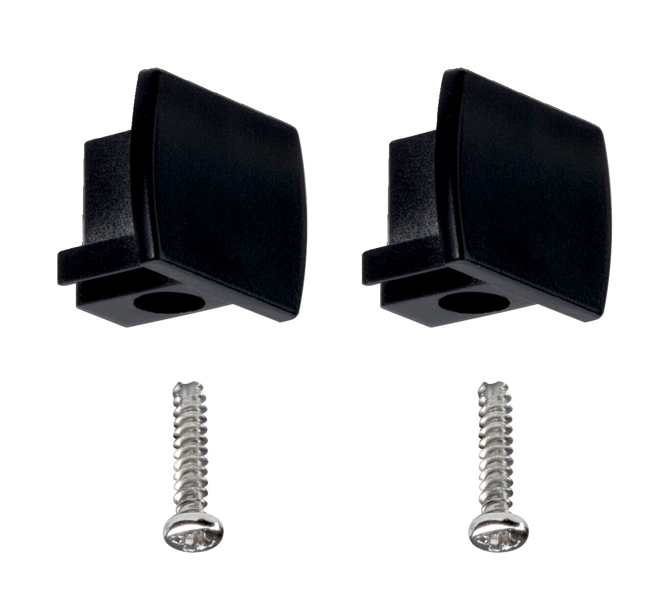 Zwei schwarze Endkappen mit Schrauben, Ansicht von oben