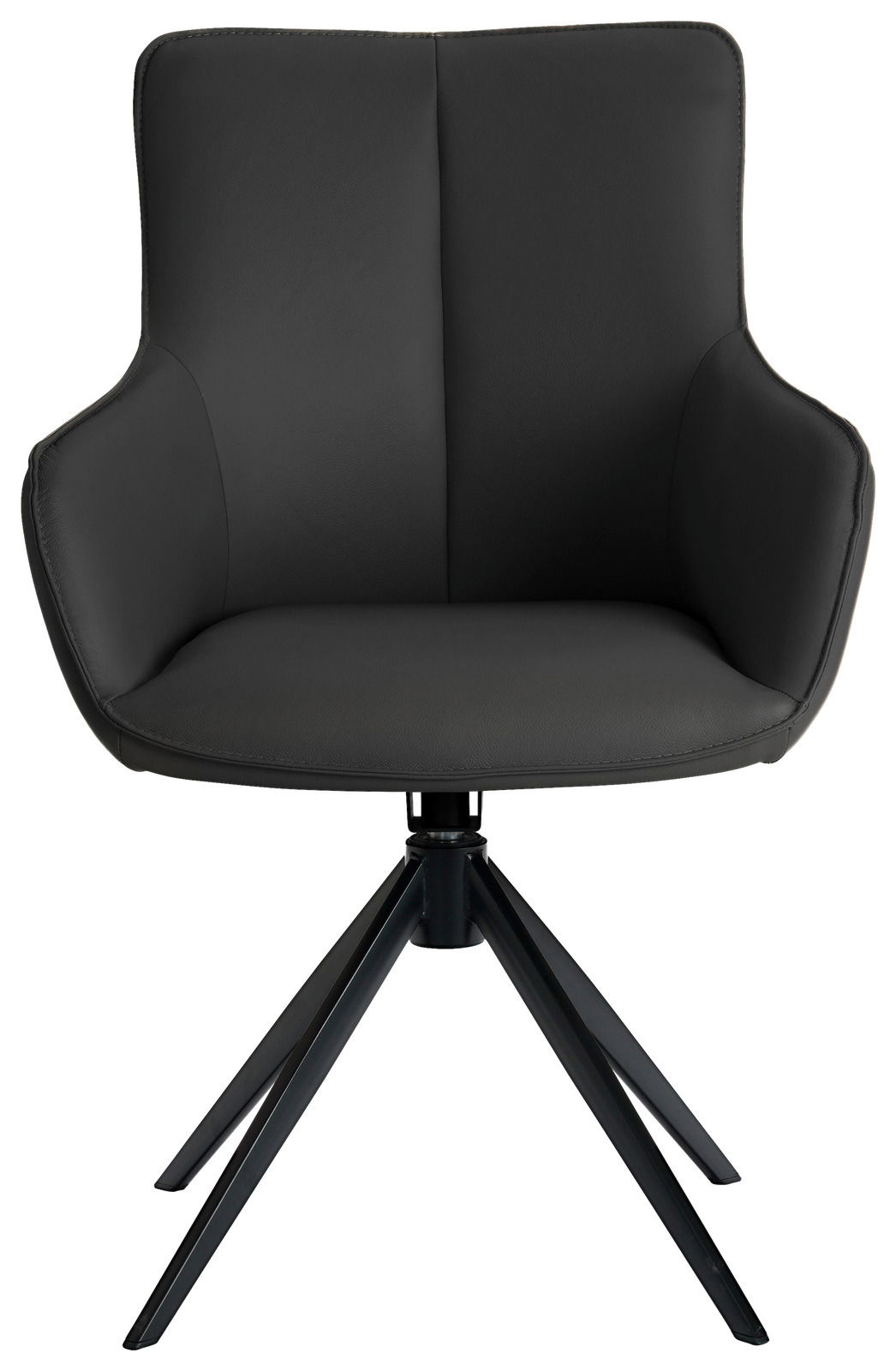 Moderner schwarzer Armlehnstuhl mit vierbeinigem Metallgestell, Frontalansicht