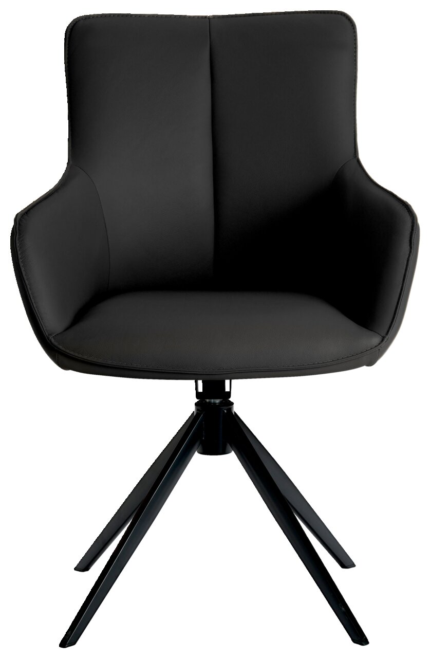 Moderner schwarzer Armlehnstuhl mit vierbeinigem Metallgestell, Frontalansicht