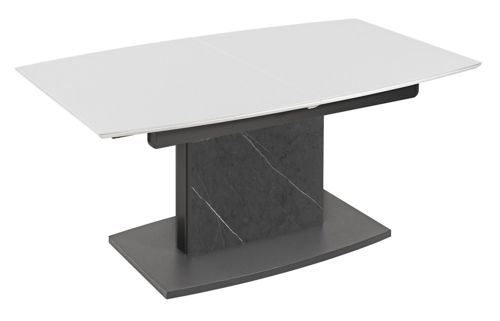 Moderner Couchtisch mit weißer Tischplatte und dunklem, marmoriertem Sockel, seitliche Perspektive