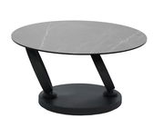 Moderner Couchtisch mit runder, grauer Tischplatte und schrägen schwarzen Beinen, seitliche Perspektive