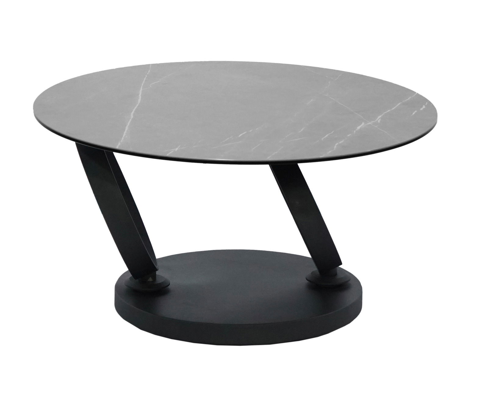 Moderner Couchtisch mit runder, grauer Tischplatte und schrägen schwarzen Beinen, seitliche Perspektive