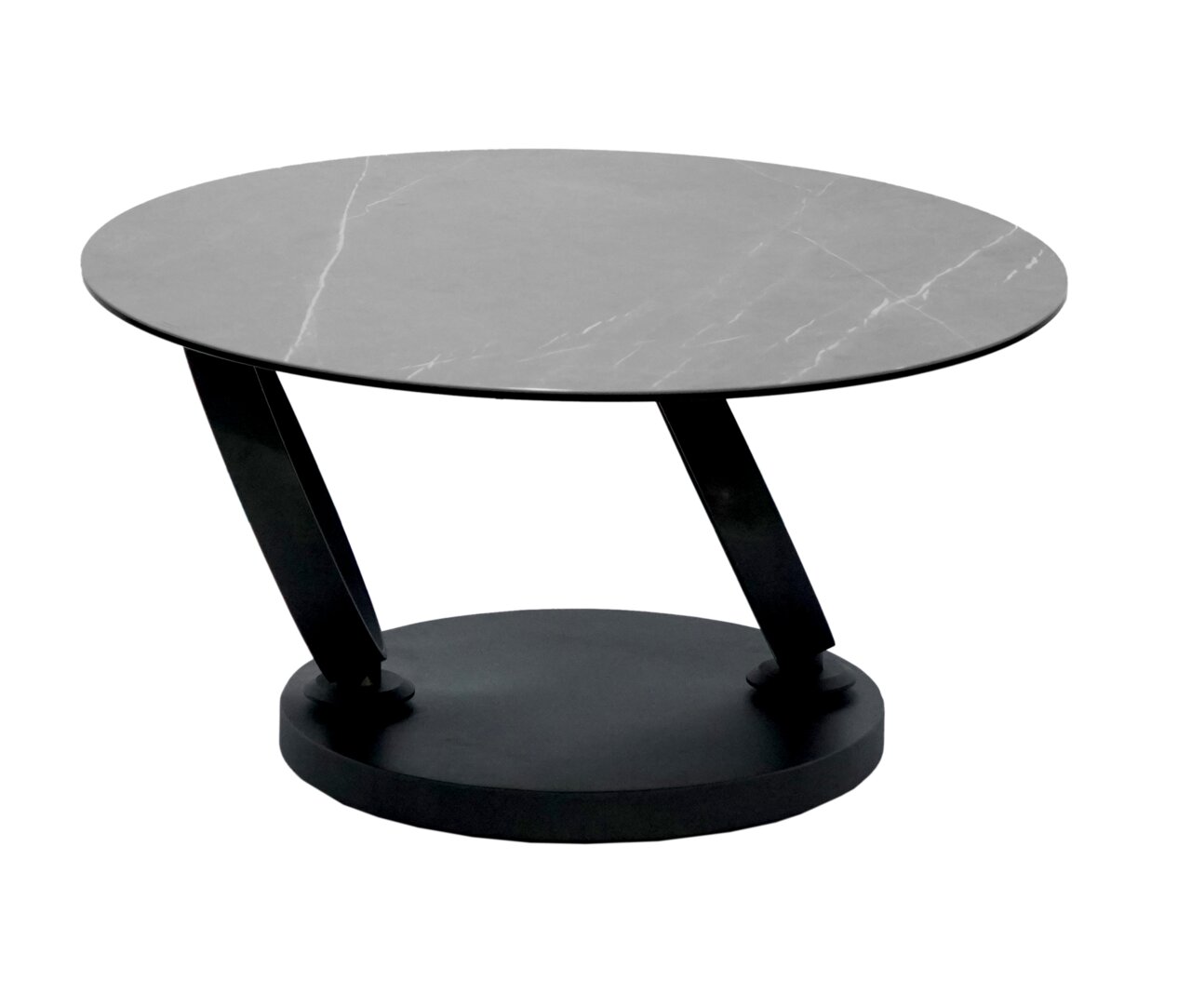 Moderner Couchtisch mit runder, grauer Tischplatte und schrägen schwarzen Beinen, seitliche Perspektive