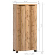Frontansicht eines Midischranks aus Holz mit vertikalen Streifen, 60 cm breit, 130 cm hoch.