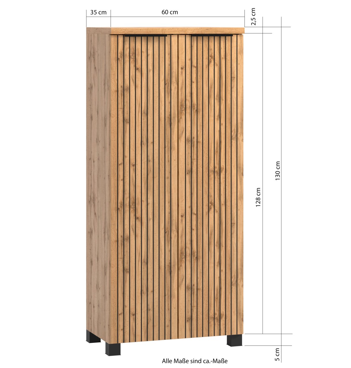 Vooraanzicht van een houten midikast met verticale strepen, 60 cm breed, 130 cm hoog.