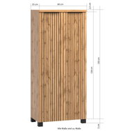 Frontansicht eines Midischranks aus Holz mit vertikalen Streifen, 60 cm breit, 130 cm hoch.