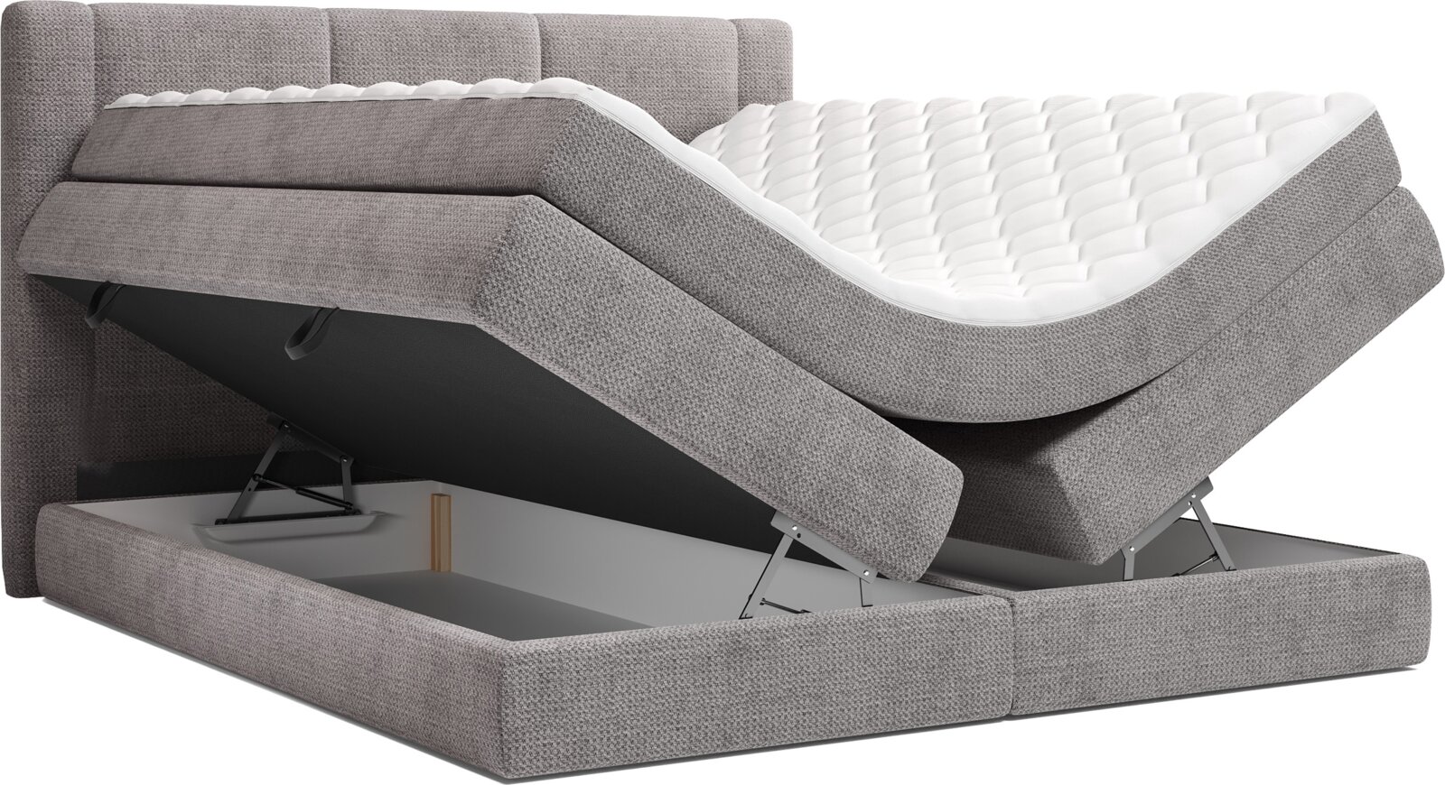 Grijs gestoffeerd boxspringbed met gewatteerd hoofdbord en witte topper, met opklapbare bedbodem die de opbergruimte toont, schuin van voren gezien