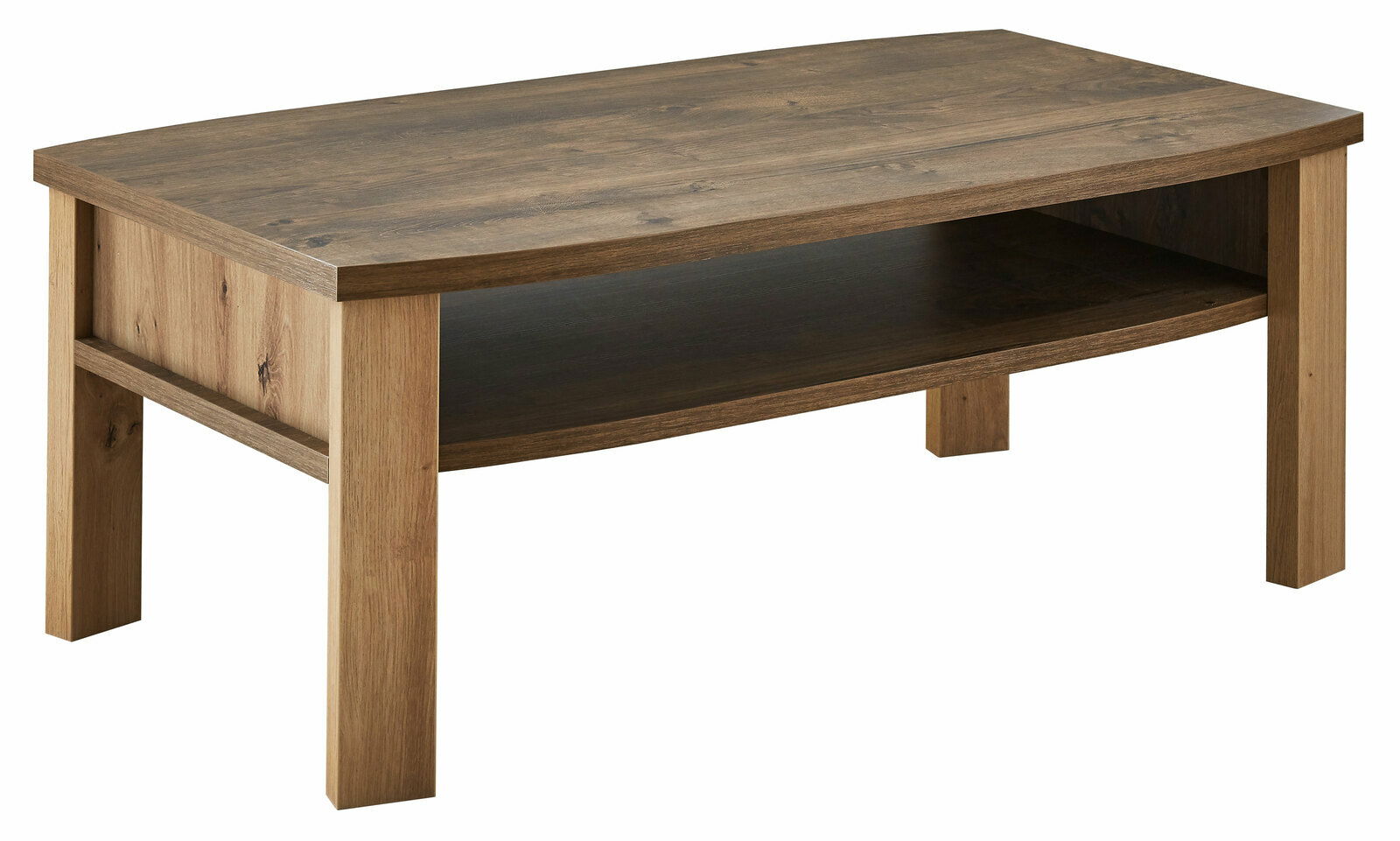 Rechteckiger Couchtisch aus Holz mit natürlicher Maserung, seitliche Perspektive