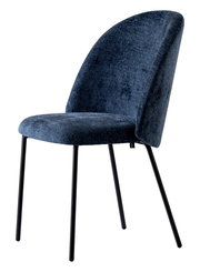 Moderner blauer Stuhl mit schwarzem Metallgestell, seitliche Perspektive