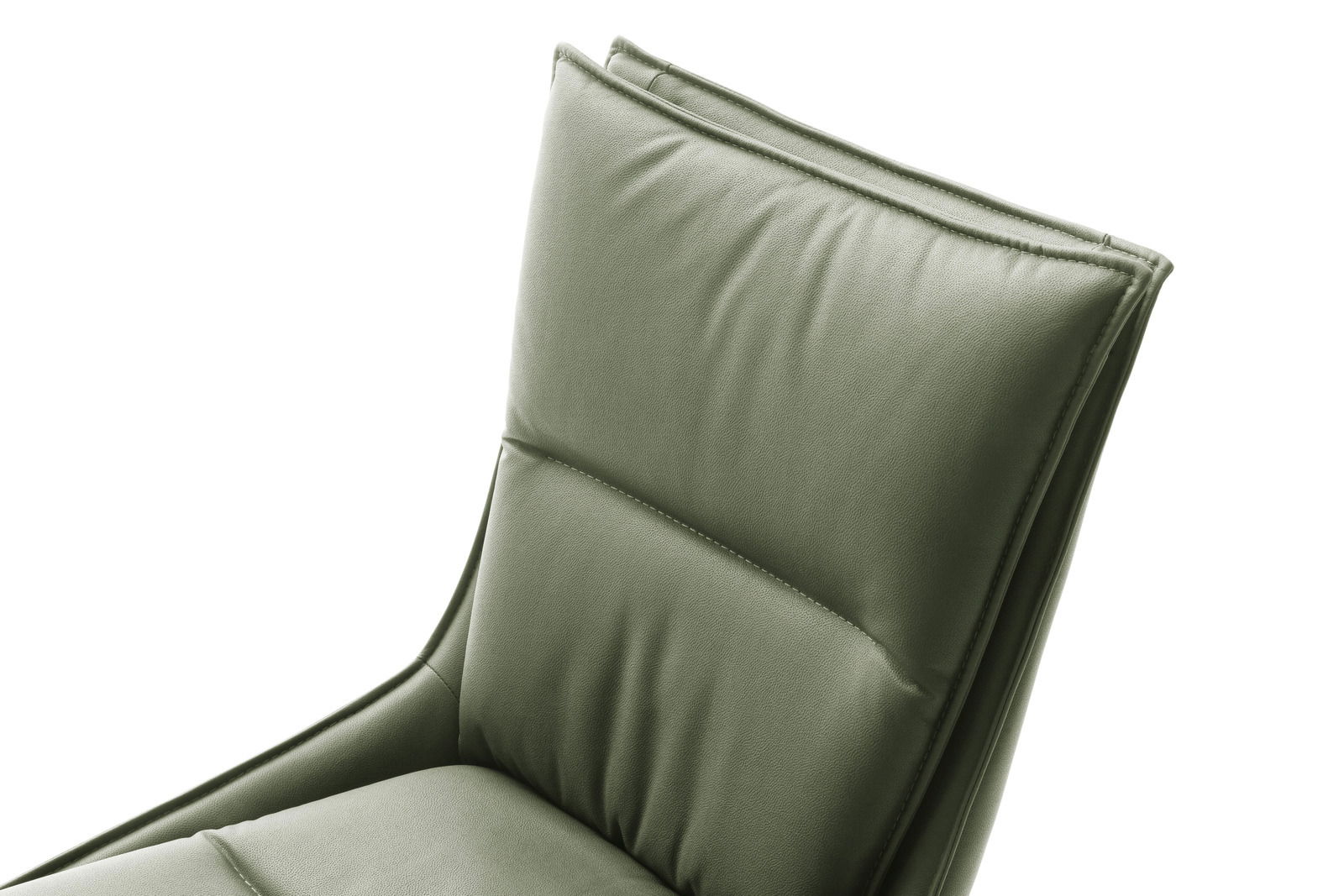 Nahaufnahme eines grünen Stuhlrückens mit gepolsterter Oberfläche, seitliche Perspektive