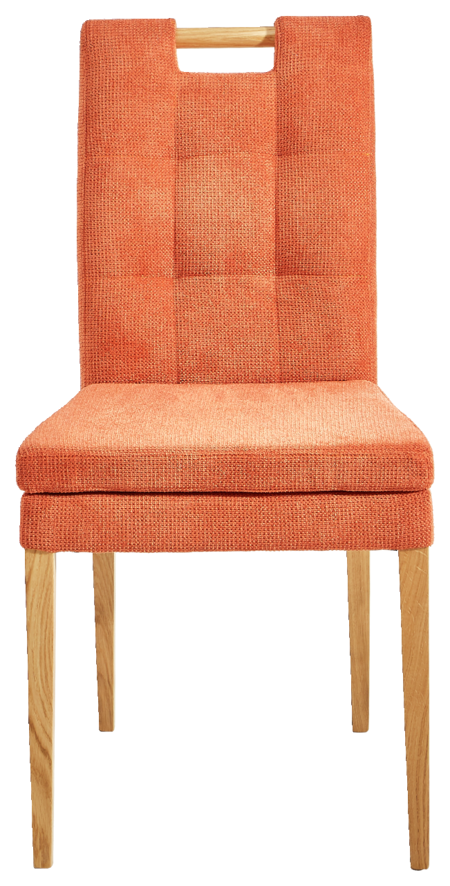 Cantus Stuhl BARCELONA Vorderansicht eines orangefarbenen Stuhls mit Holzbeinen und gepolsterter Sitzfläche.