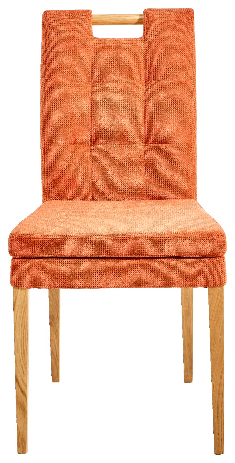 Vorderansicht eines orangefarbenen Stuhls mit Holzbeinen und gepolsterter Sitzfläche.