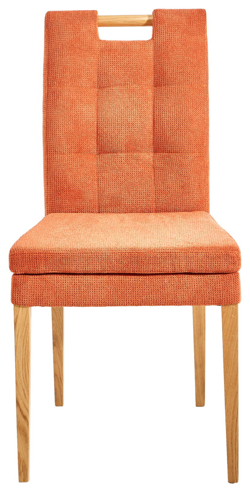 Vorderansicht eines orangefarbenen Stuhls mit Holzbeinen und gepolsterter Sitzfläche.