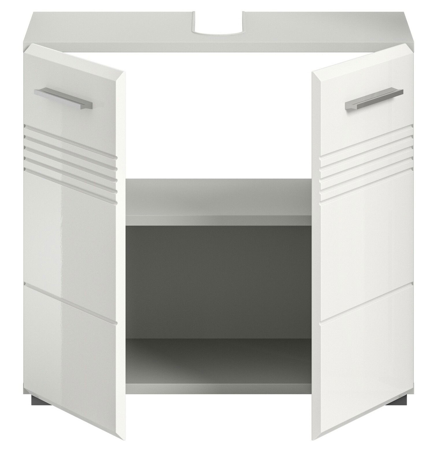 Weißer Waschbeckenunterschrank mit zwei geöffneten Türen, Frontansicht