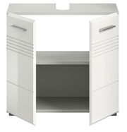 Weißer Waschbeckenunterschrank mit zwei geöffneten Türen, Frontansicht