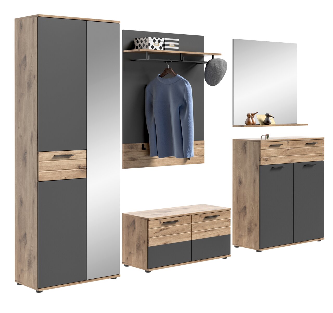MID.YOU Garderobenkombination MASON Garderobenkombination in Holzoptik mit grauen Elementen, bestehend aus einem hohen Schrank mit Spiegel, einer Wandgarderobe mit Ablage und Haken, einer Sitzbank mit Stauraum und einem Spiegel mit Ablage. Frontalansicht.