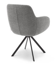 Grijze fauteuil met zwart metalen frame, achteraanzicht