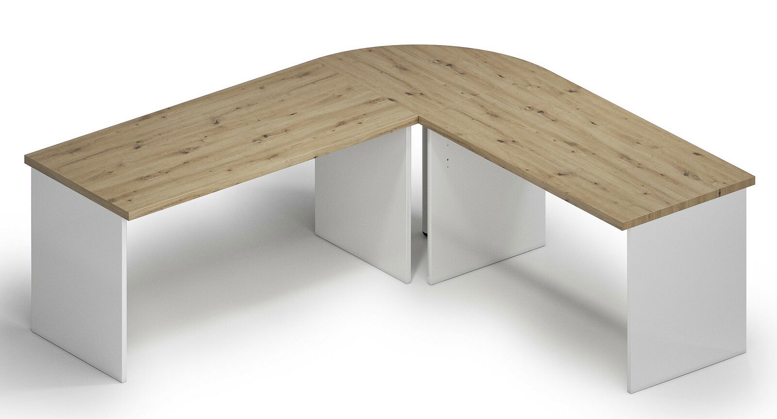 L-förmiger Wangenschreibtisch mit Holzoptik-Oberfläche und weißen Seitenwangen, Perspektive von oben