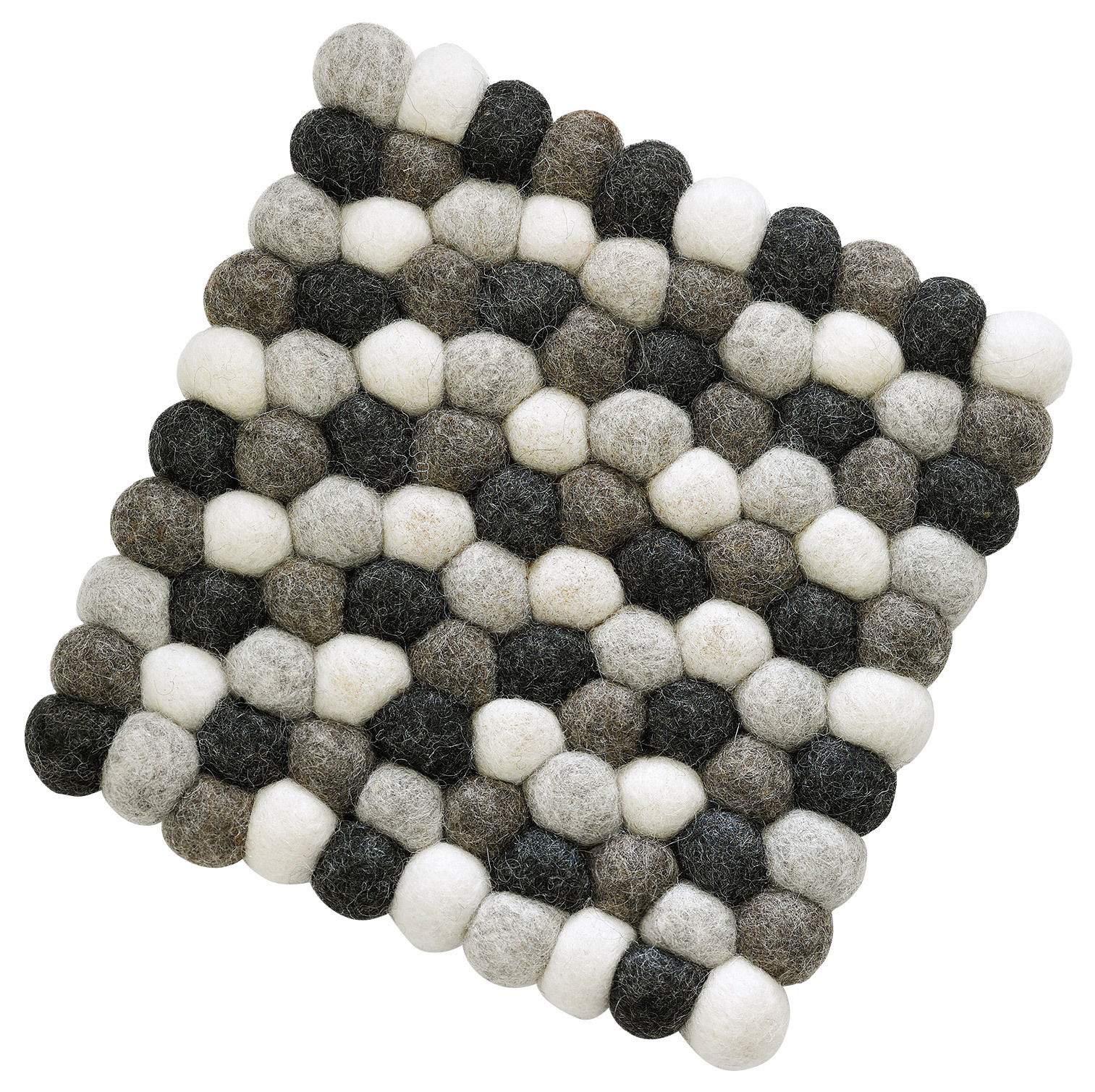 Quadratischer Untersetzer aus grauen, weißen und schwarzen Filzkugeln, von oben betrachtet.