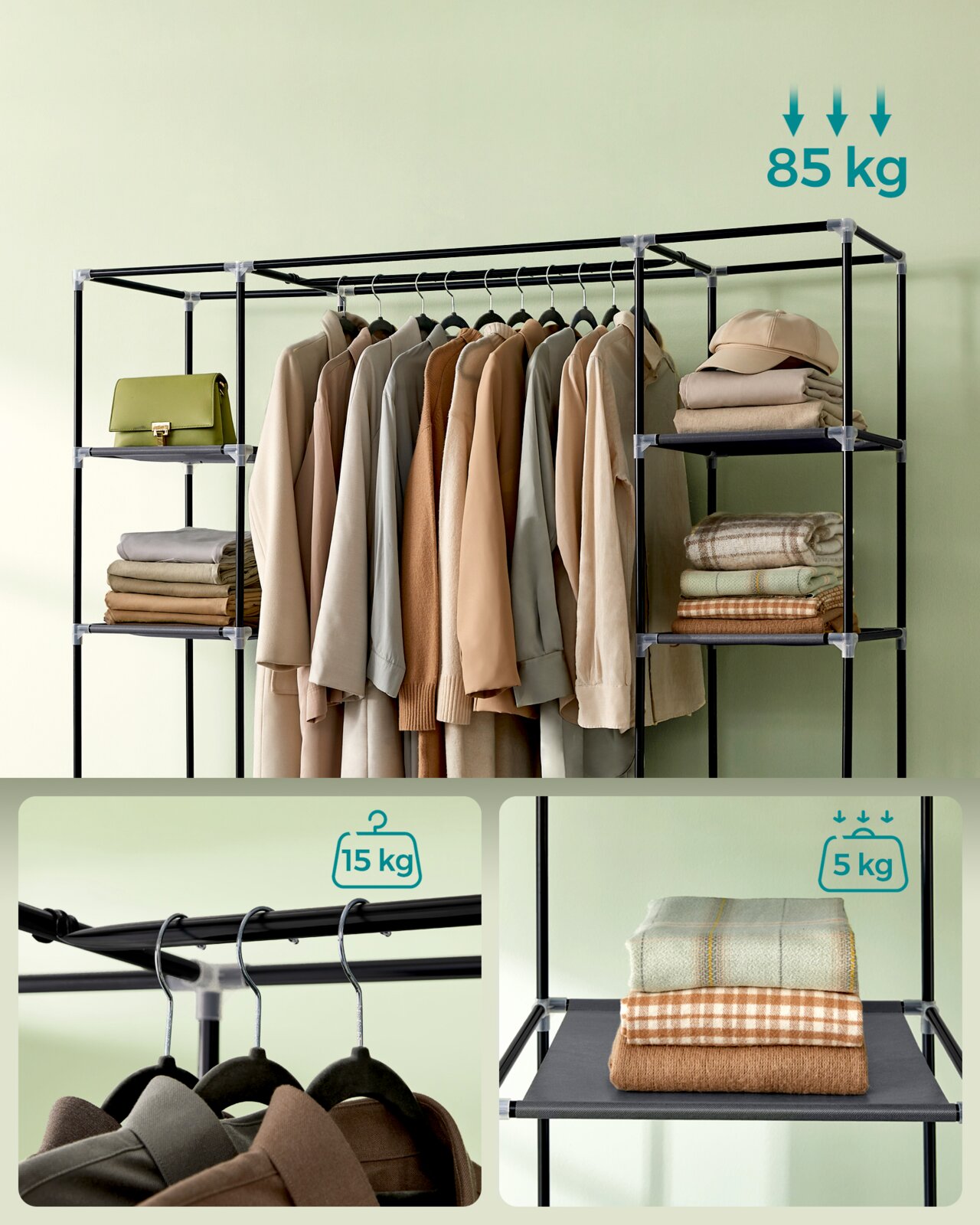 Schwarzes Kleiderstangensystem mit Regalböden, vorne in leichter Schrägansicht gezeigt, mit aufgehängten Mänteln und gefalteten Textilien; Traglastangaben 85 kg gesamt, 15 kg Kleiderstange und 5 kg pro Ablage