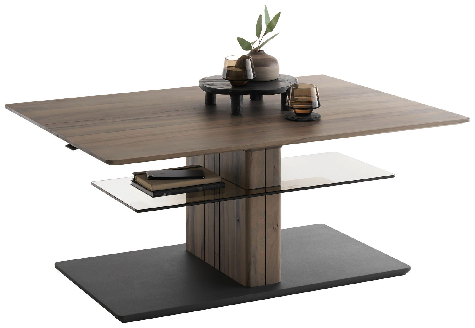 Johann Jakob Salontafel LANDO Moderner Couchtisch aus Holz mit Glasablage, dekoriert mit Vasen und Gläsern, seitliche Perspektive
