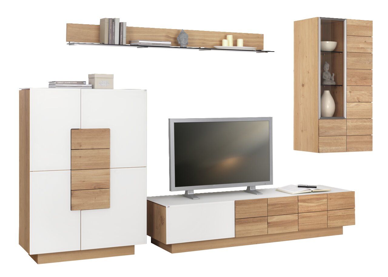 Moderne Wohnwand aus Holz und Weiß mit TV-Schrank, Hängeschrank und Regal, frontal betrachtet.