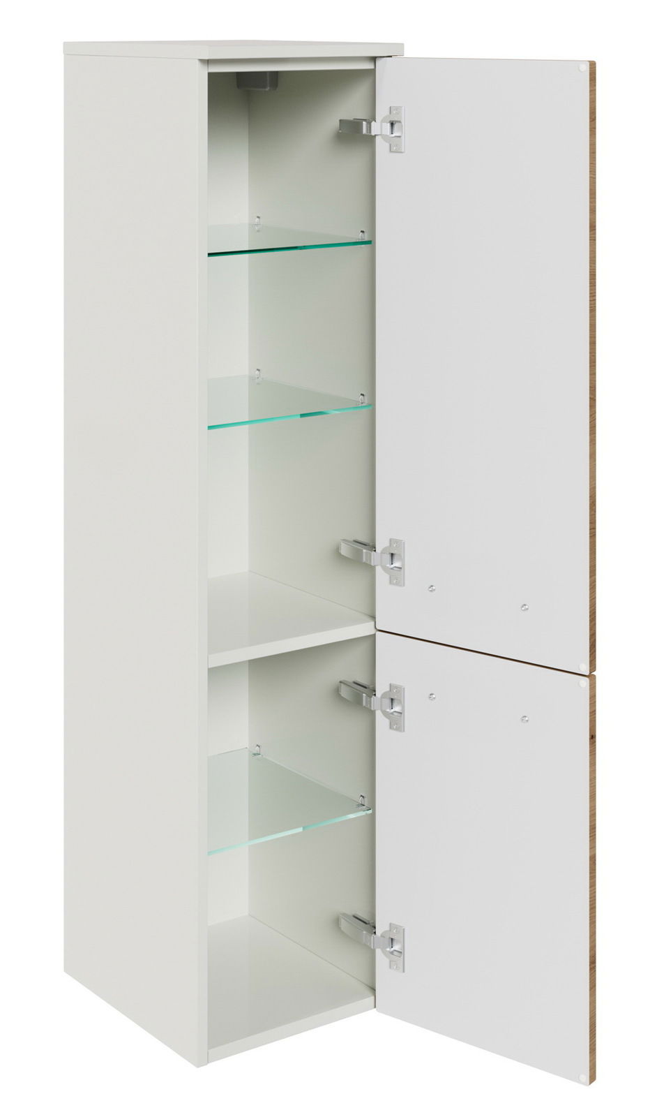 Sadena Midischrank PLAKA Weißer Midischrank mit zwei geöffneten Türen und Glasböden, seitliche Perspektive