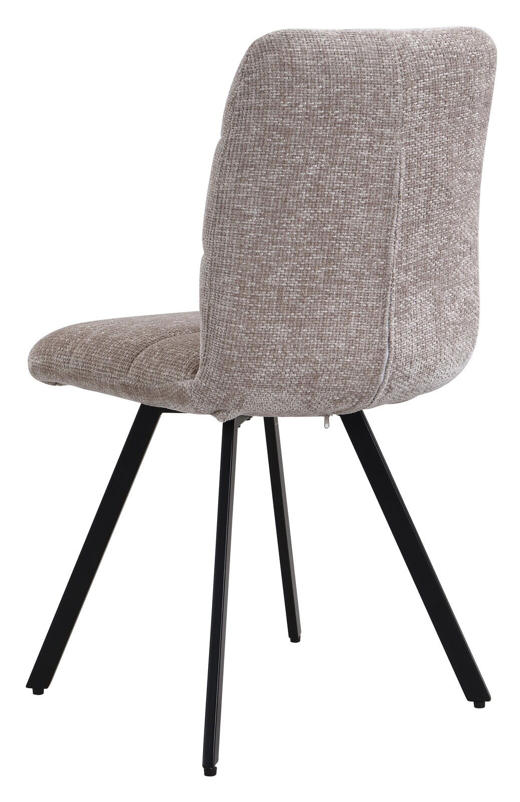 Rückansicht eines modernen Stuhls mit gepolsterter Rückenlehne und Sitzfläche in beige, auf schwarzen Metallbeinen.