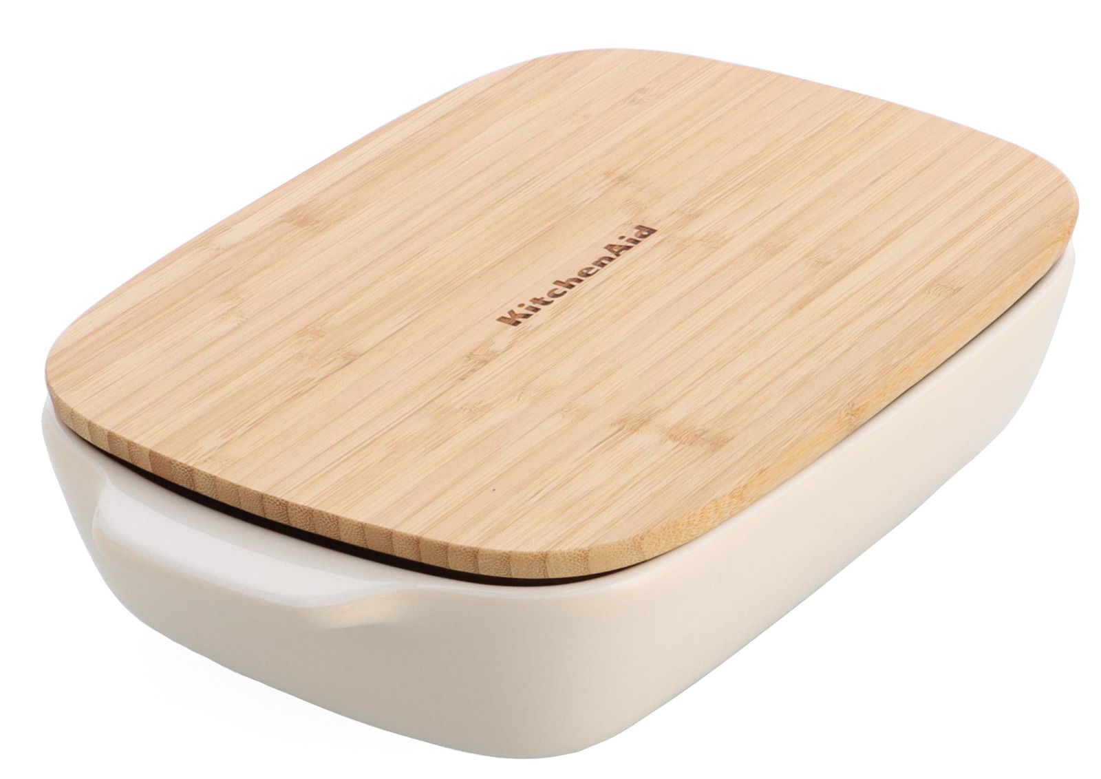 KitchenAid Auflaufform Rechteckige Auflaufform mit Deckel aus Holz, seitliche Perspektive