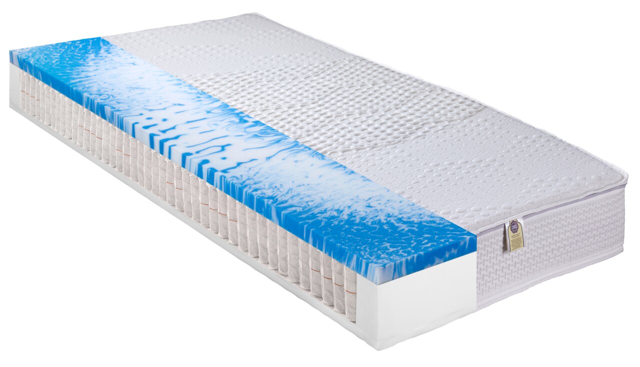 Taschenfederkernmatratze 90 x 200 cm mit blauer Gelauflage, seitliche Perspektive