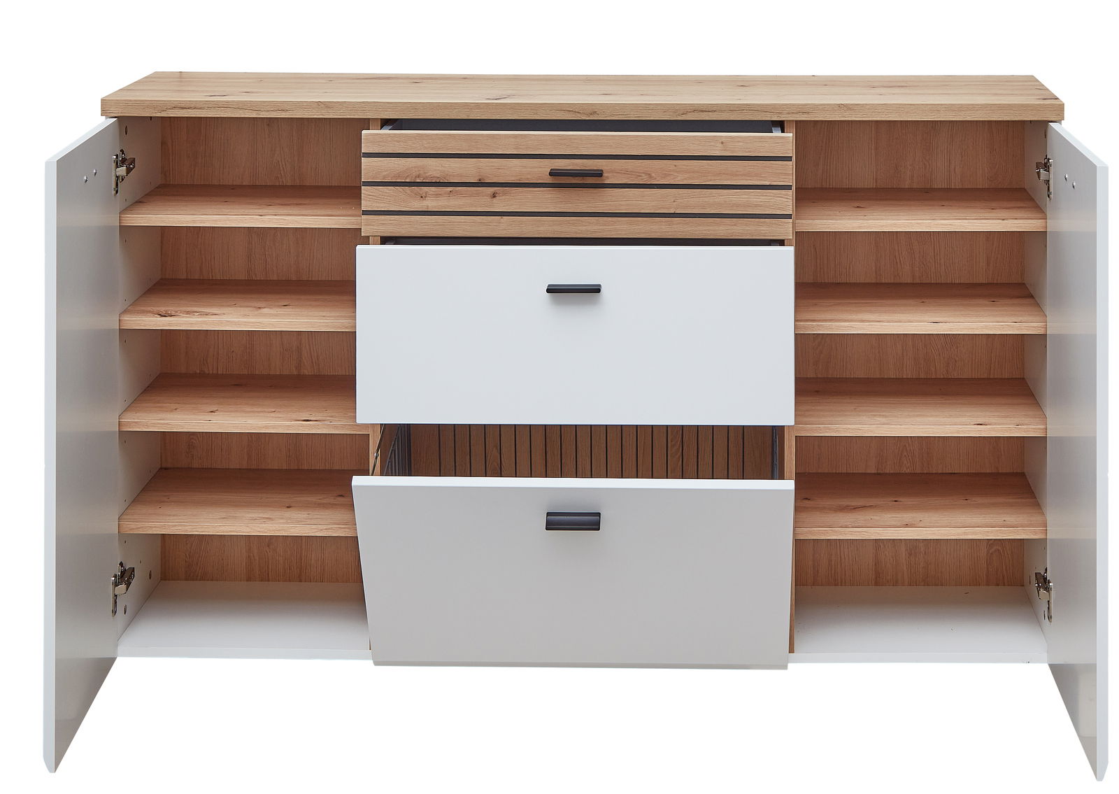 Moderner Hängeschuhschrank aus Holz mit offenen Türen und Schubladen, Frontansicht